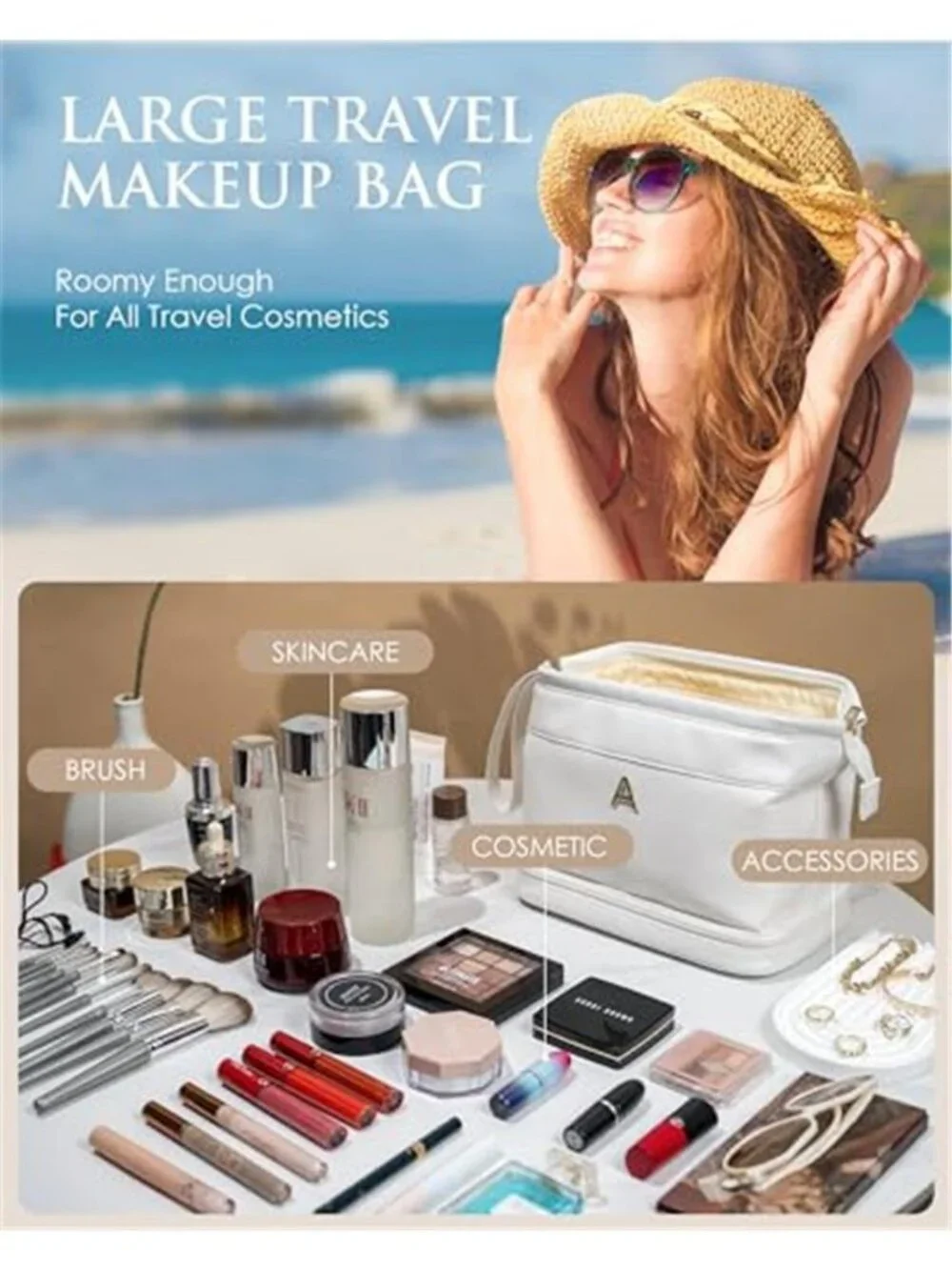 Travel Makeup Bag Cosmetic Organizer PU Leather Toiletry Case Brush Storage